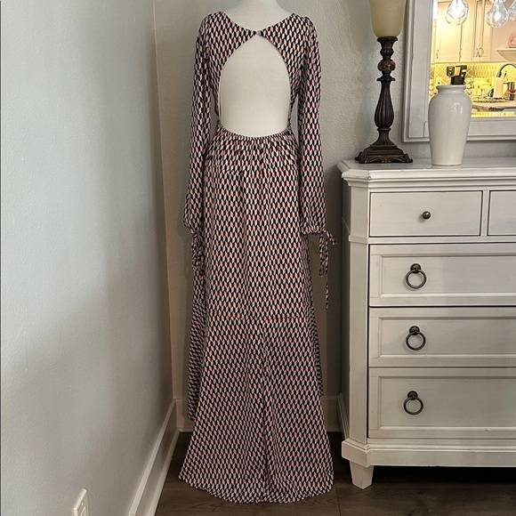 Mulla High Low Ruffle Cut Out Maxi‎ Dress Red Black Geometric Size Medium - Picture 2 of 16